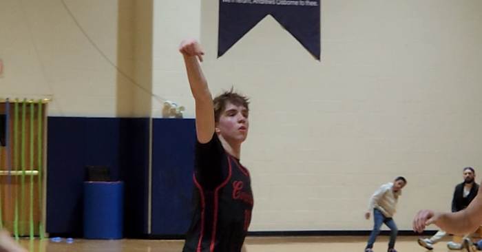 Cornerstone Christian's Quinn Kwasniak watches as a 3-pointer goes in during a win over Andrews Osborne Academe on February 16, 2024.